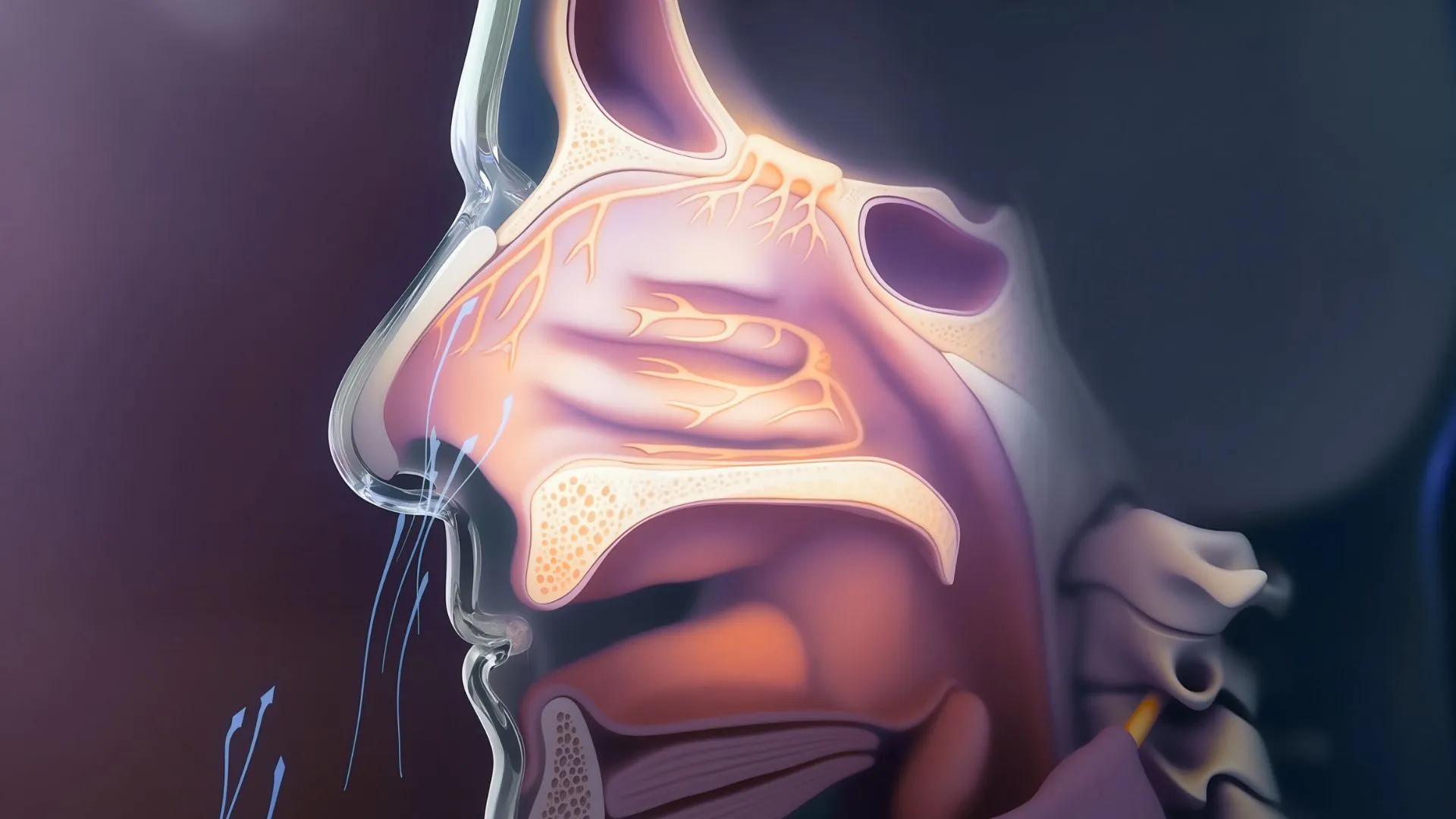 Cross-sectional illustration of the human nasal cavity showing nasal passages, nerves, and airflow arrows.