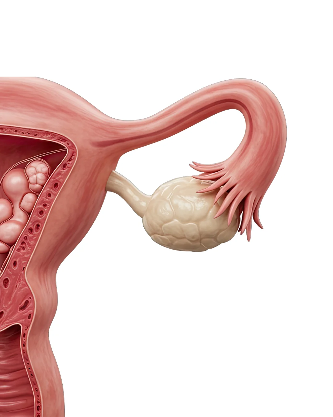 Medical illustration of a female reproductive system showing the ovary, fallopian tube, and part of the uterus with developing follicles inside.