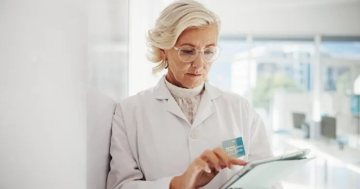 A woman in a white coat holding a credit card.