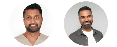 Two smiling men in circular profile photos, shown side by side. One is wearing scrubs and the other is wearing a casual shirt.