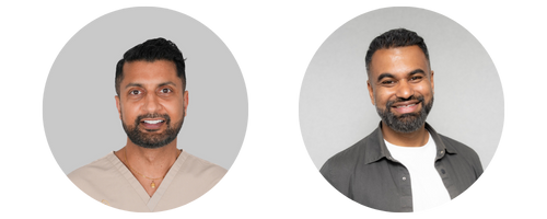 Two smiling men in circular profile photos, shown side by side. One is wearing scrubs and the other is wearing a casual shirt.