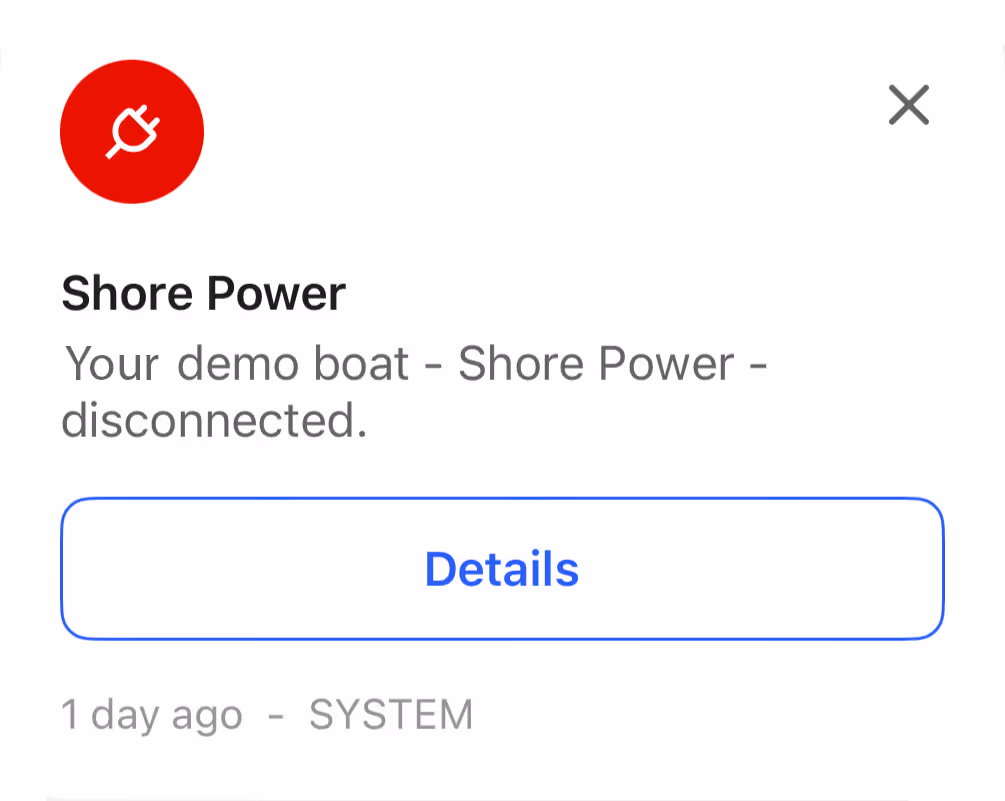 Sentinel app alert notifying that shore power has disconnected