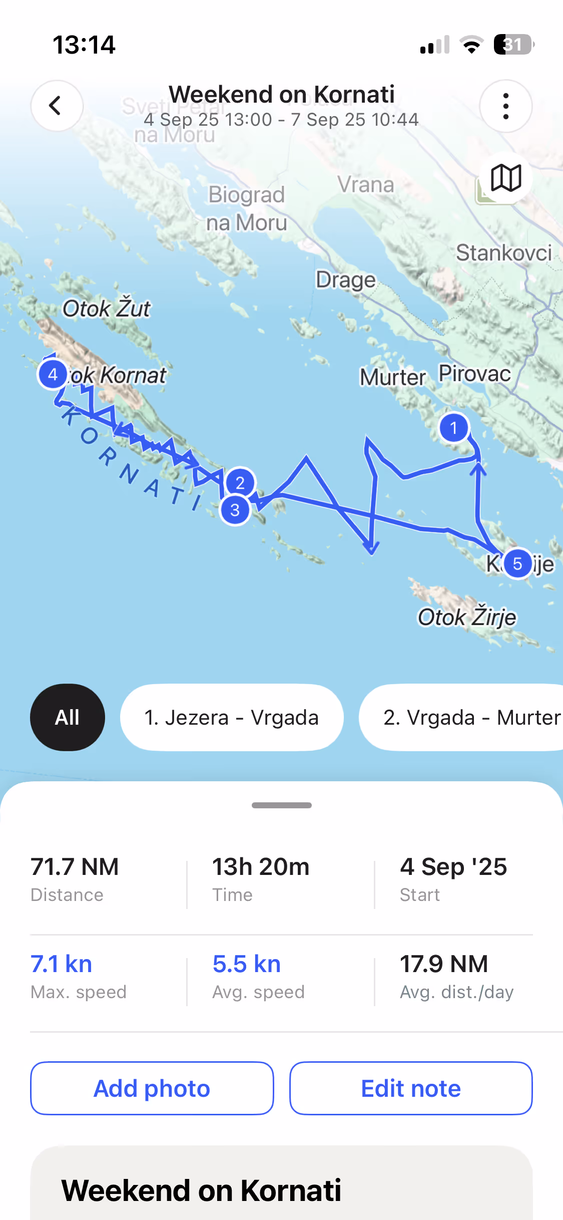 Sentinel app trip log screen showing a recorded voyage