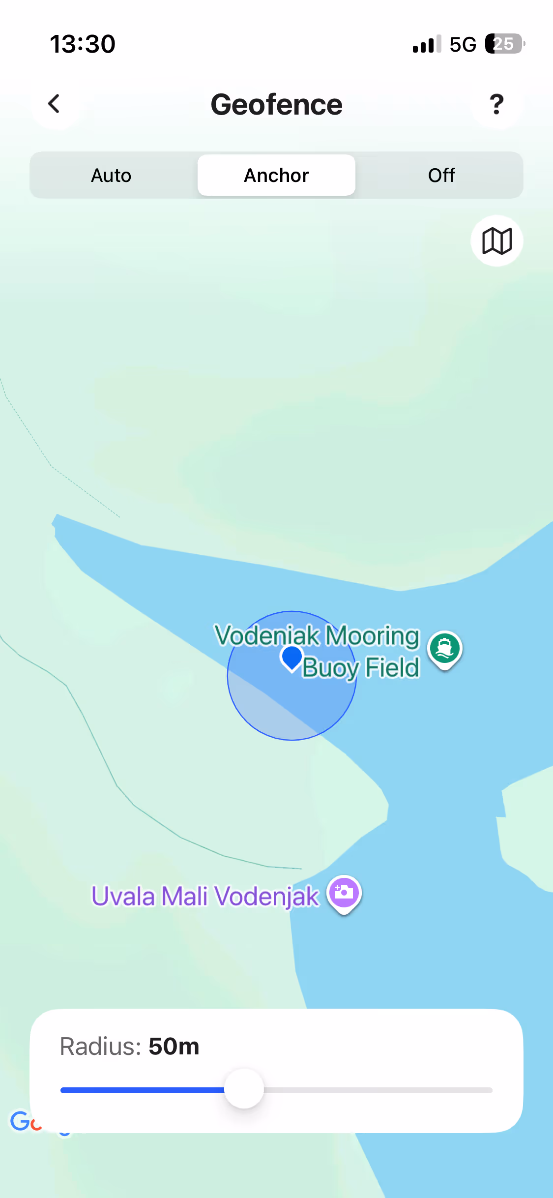 Sentinel app geofence screen with the boat inside a geofenced zone