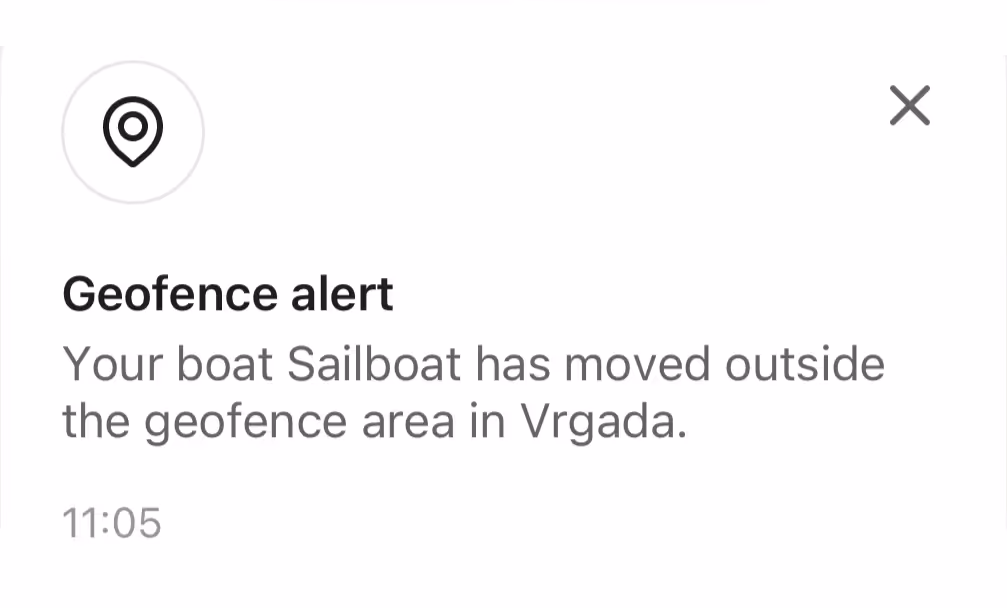 Geofence zone drawn around a boat on a map in the Sentinel app