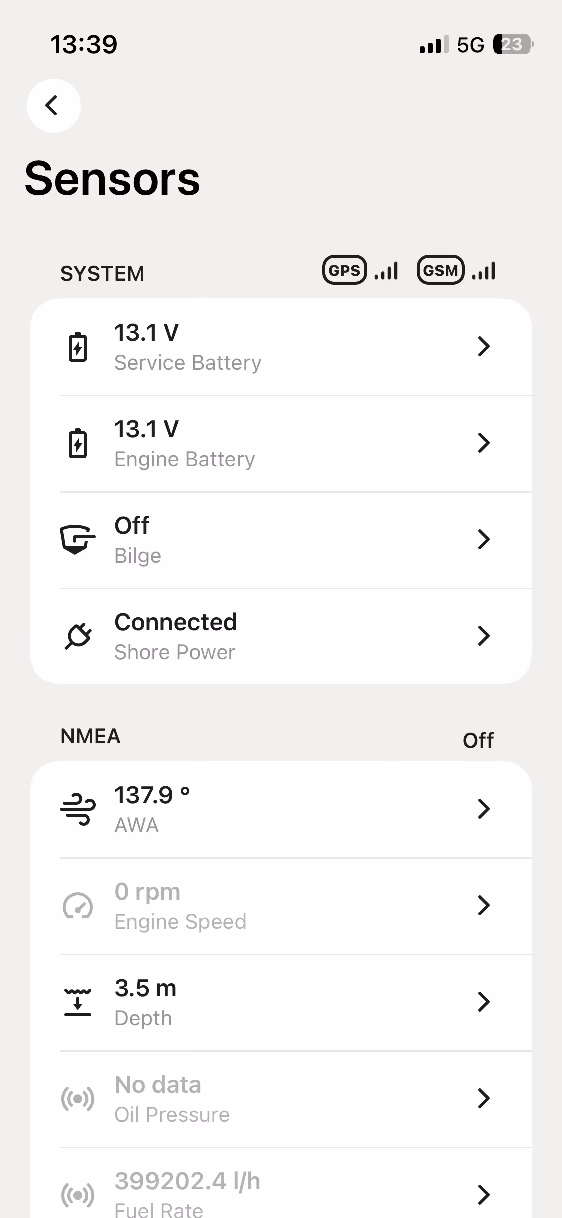 Sentinel app Sensors screen showing live battery, bilge, shore power and NMEA readings