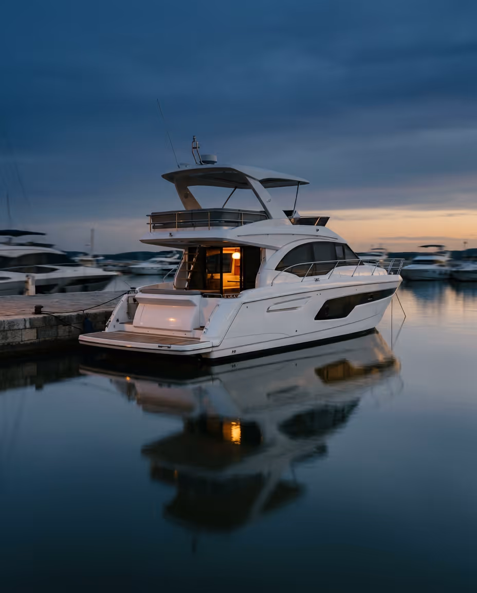Motor yacht with a flybridge moored at a quiet marina at dawn