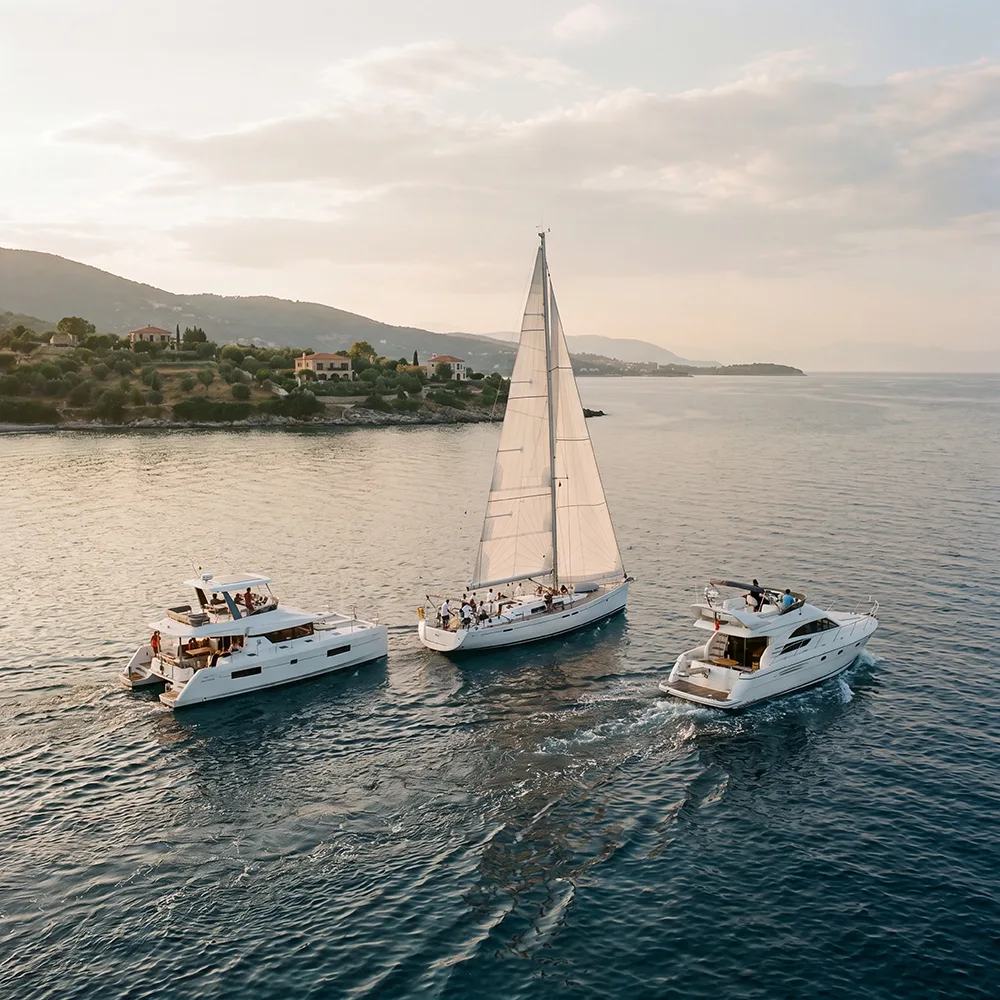 Aerial view of a sailing yacht and two motor yachts cruising near a green coastline
