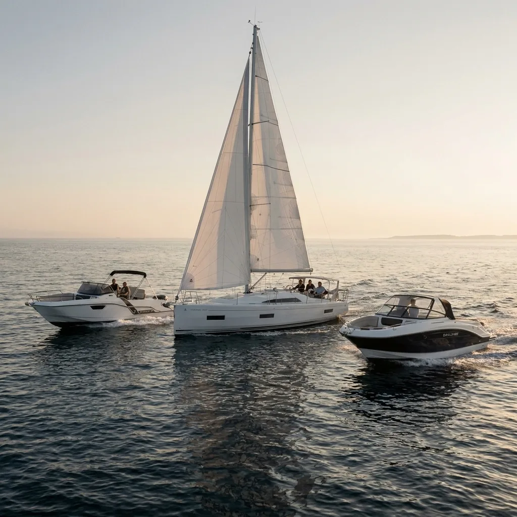 Sailing yacht and motor boat at anchor on calm water at sunset