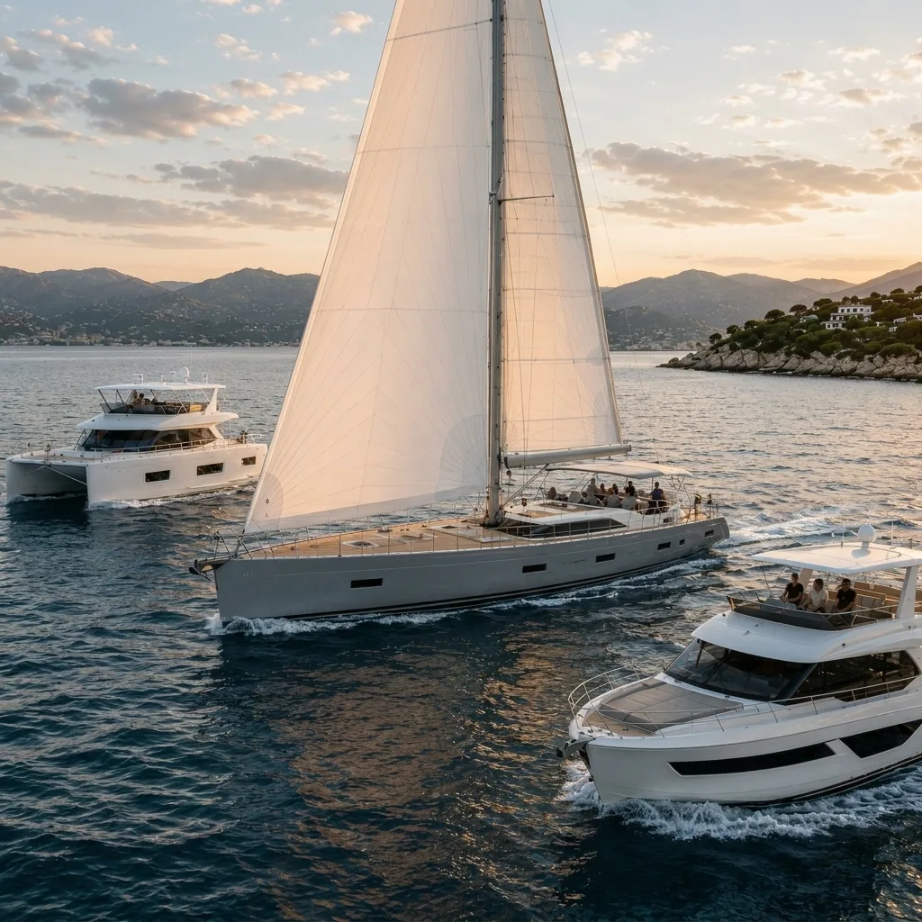Sailing yacht and motor yachts on calm water near a coastline at golden hour