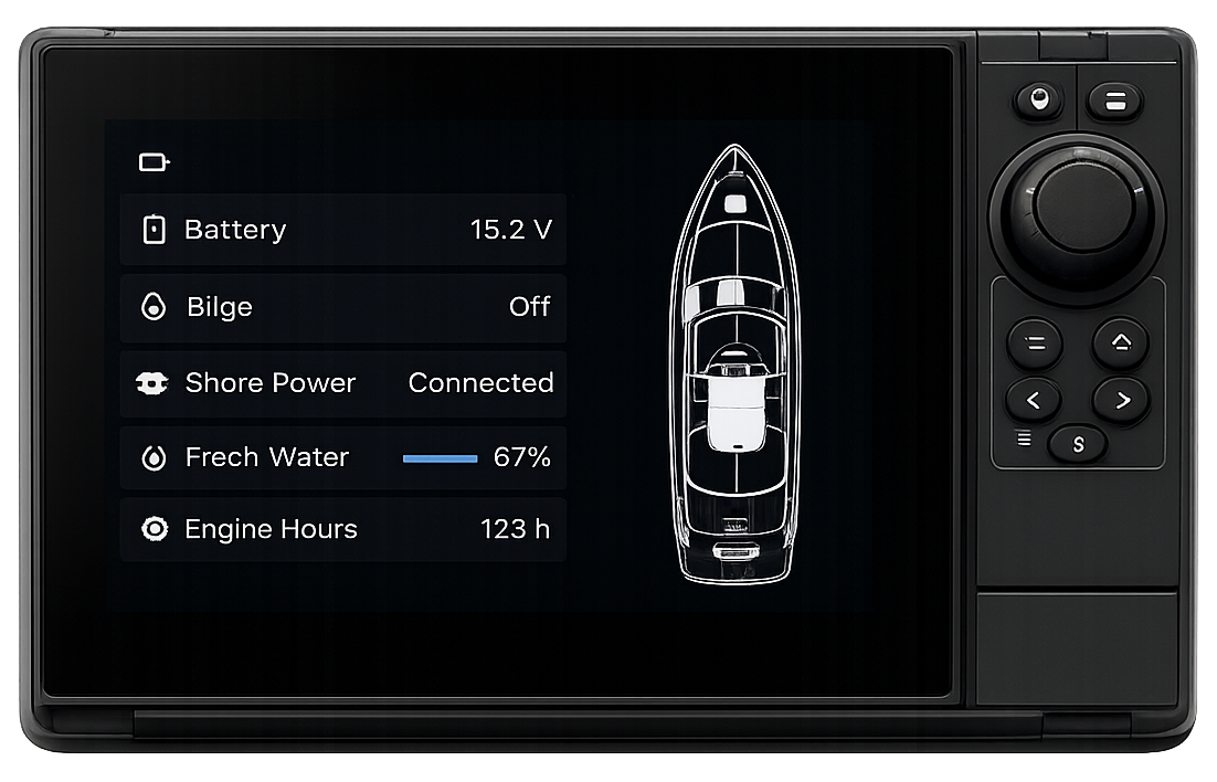 Marine chartplotter showing the Sentinel interface with battery, bilge, shore power and engine-hour readouts