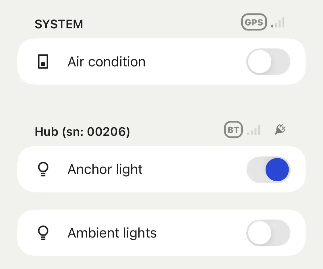 Sentinel app remote switch toggles for controlling onboard equipment