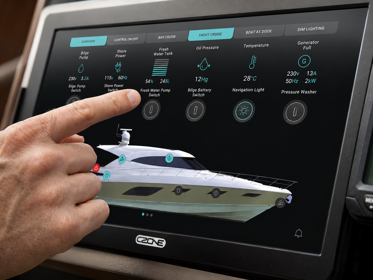 Hand operating a CZone digital switching touchscreen at a motor yacht helm
