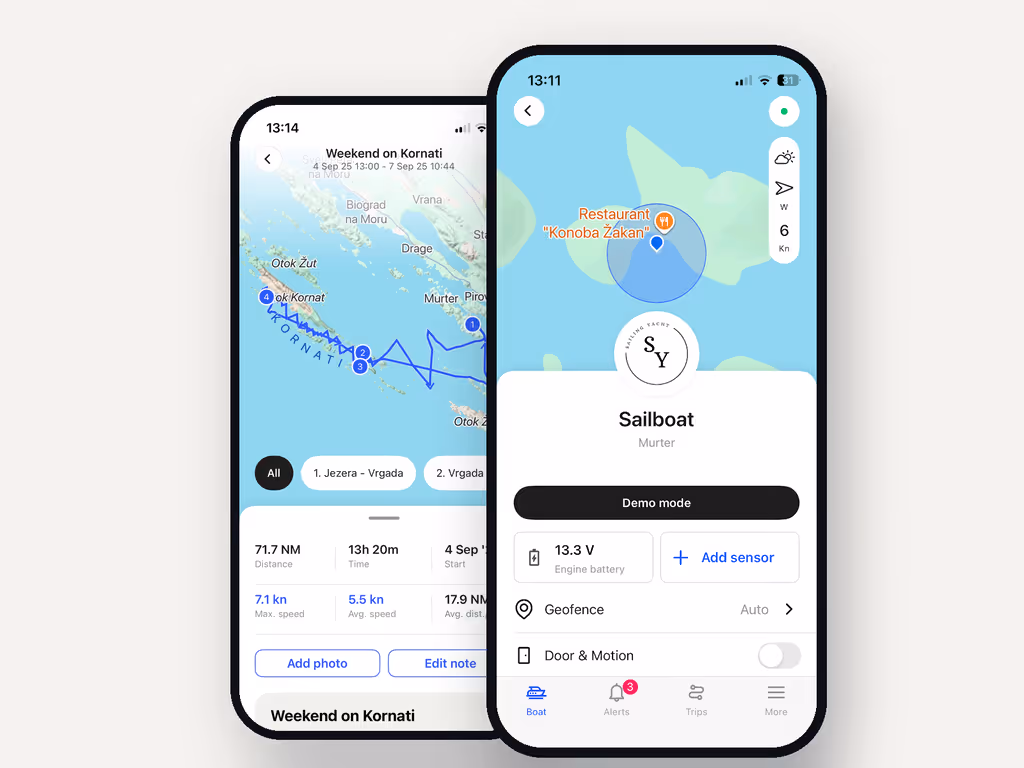 Two smartphones showing the Sentinel app with a logged trip map and a live boat status screen