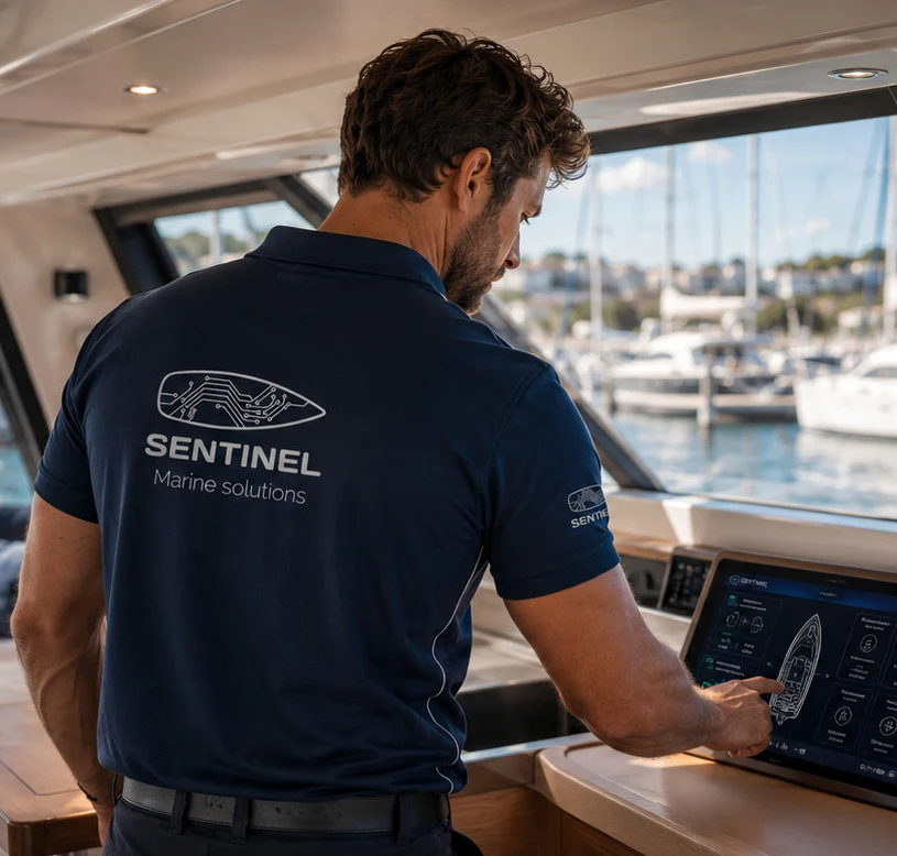 Technician in a Sentinel polo shirt working at a boat's helm console