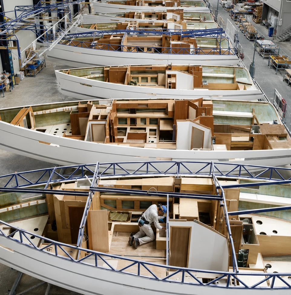 Motor yachts under construction in a boat builder's production hall