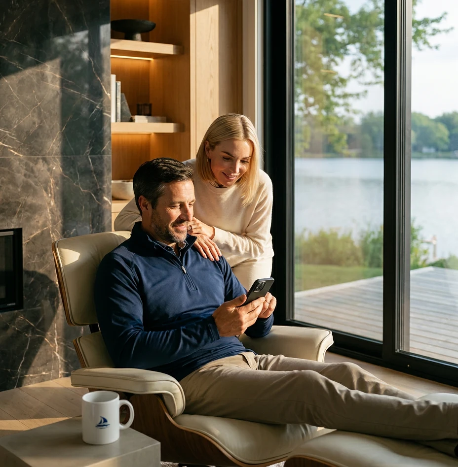 Couple at home checking the Sentinel app by a window overlooking a lake