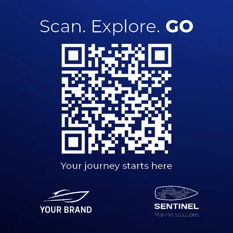 White-label Scan, Explore, Go QR card co-branded with a builder's logo and Sentinel