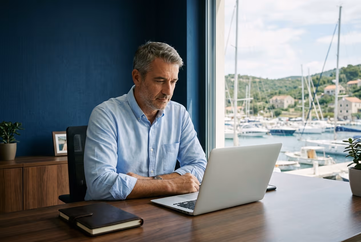 Fleet operator working on a laptop at a desk overlooking a marina