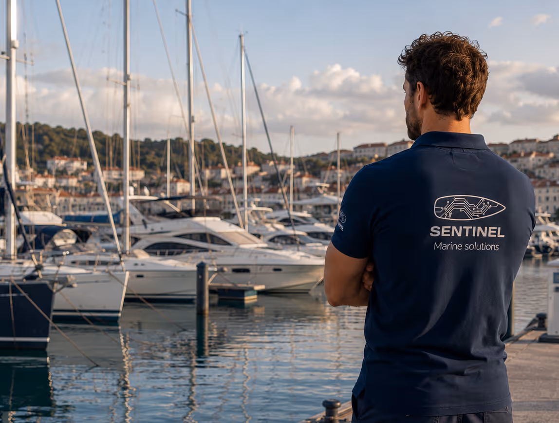 Service partner in a Sentinel polo shirt overlooking a marina full of moored yachts