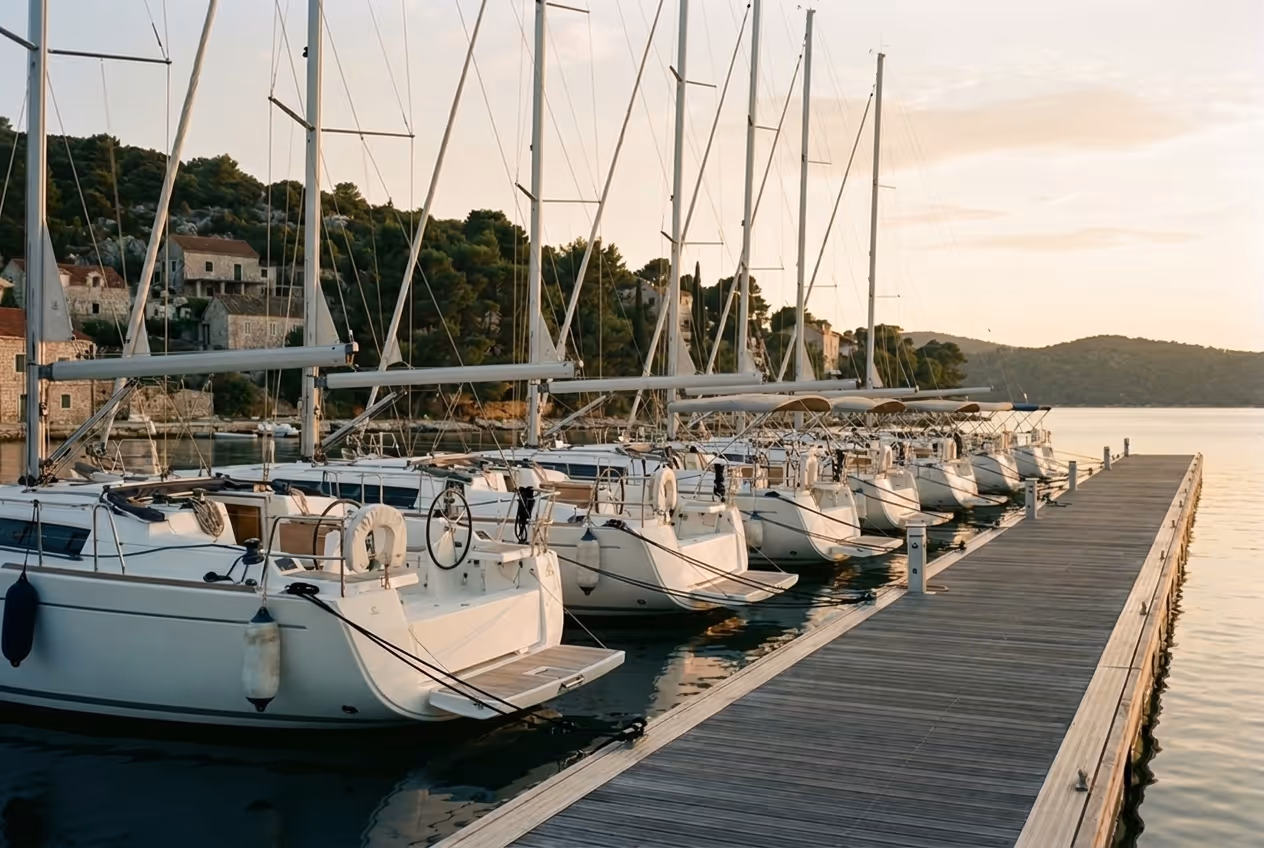 Row of charter motor yachts moored at a marina at golden hour