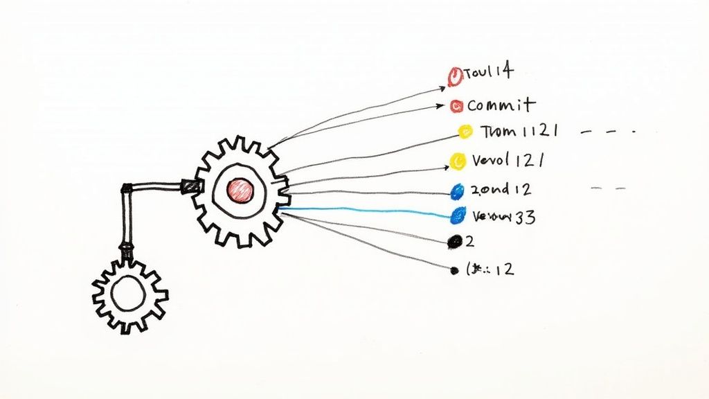Diagram illustrating an automated CI/CD pipeline where a code push triggers analysis, which then automatically bumps the version, creates a tag, and publishes a new release.
