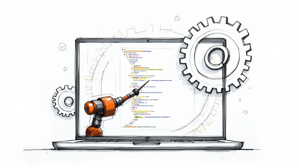 A developer looking at a screen with code and graphs, representing the code review process.