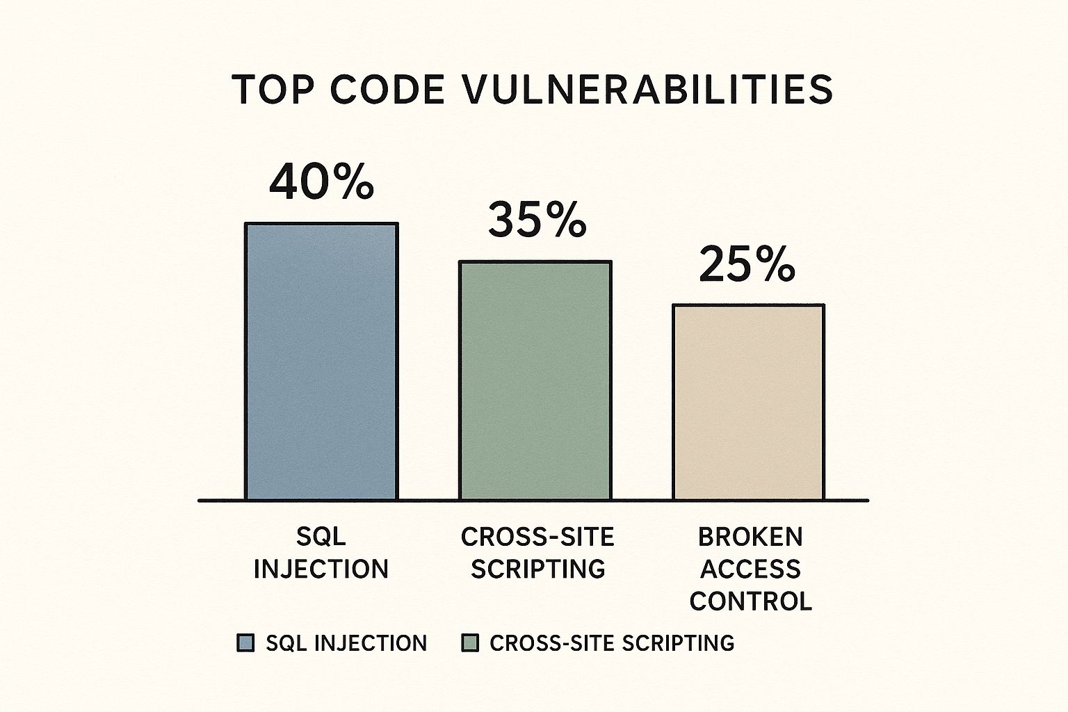 Infographic showing the prevalence of top code vulnerabilities: SQL injection (40%), cross-site scripting (35%), and broken access control (25%).