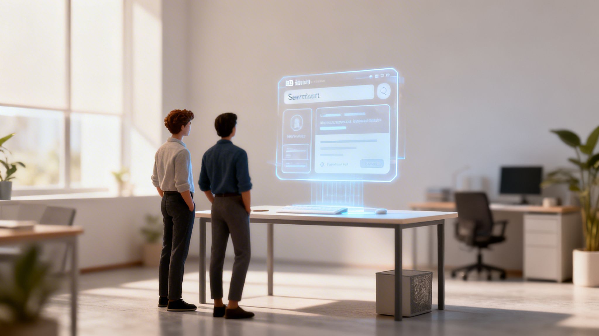 Dos hombres en una oficina moderna mirando una interfaz holográfica interactiva sobre una mesa.