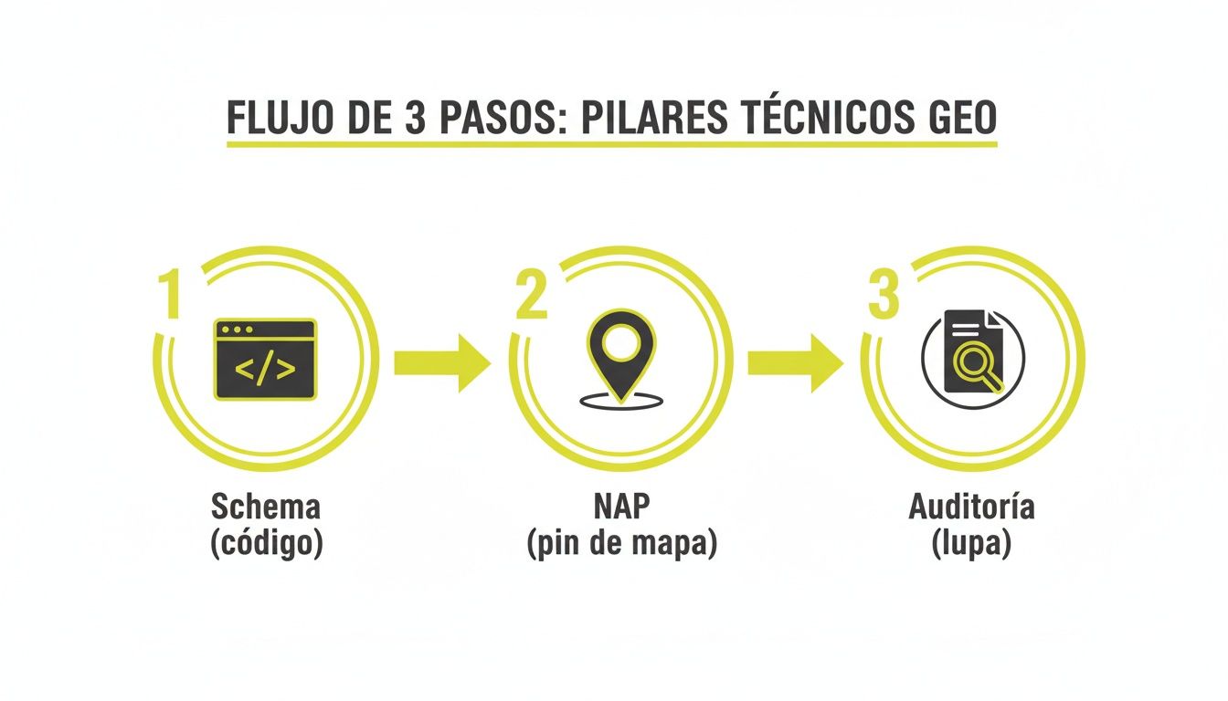Diagrama de flujo de 3 pasos que explica los pilares técnicos GEO: Schema, NAP y Auditoría.