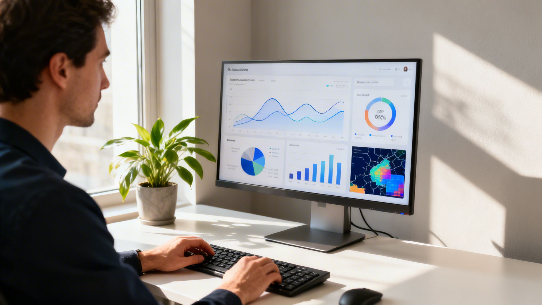 Hombre analizando datos de negocio en un monitor con gráficos. Un entorno de trabajo digital soleado.