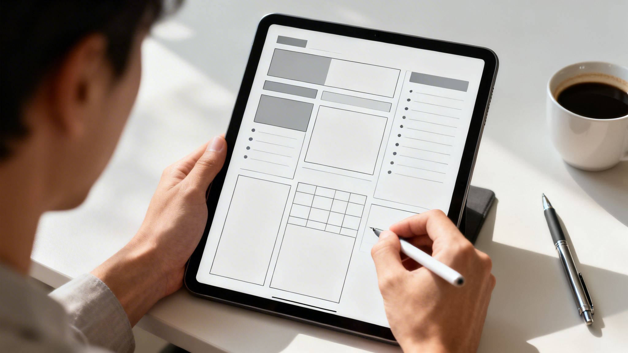 Una persona usa un lápiz digital en una tableta con un planificador o diseño en blanco.