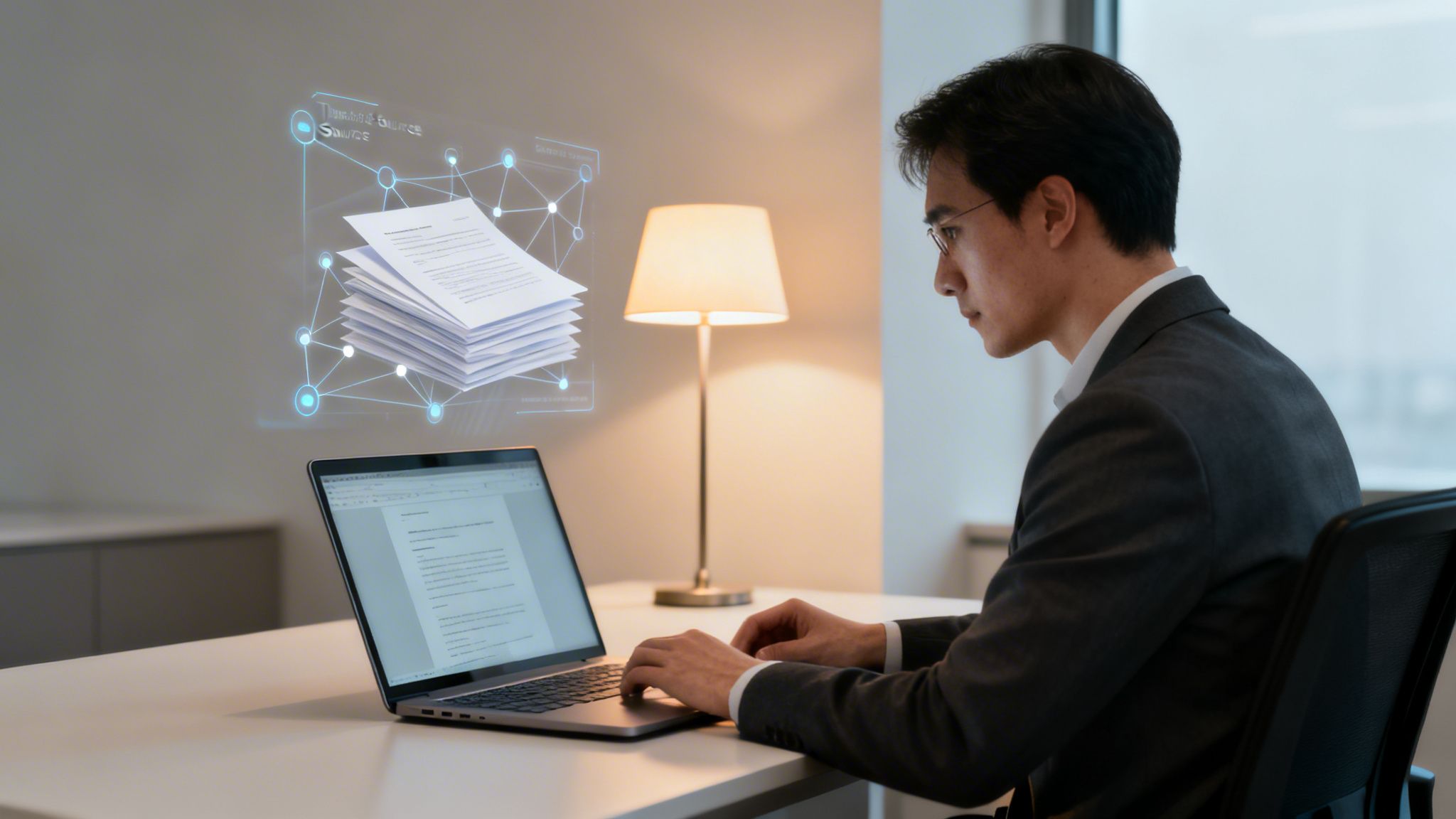 Hombre asiático trabaja en laptop, interactúa con holograma de documentos y red, en oficina moderna.