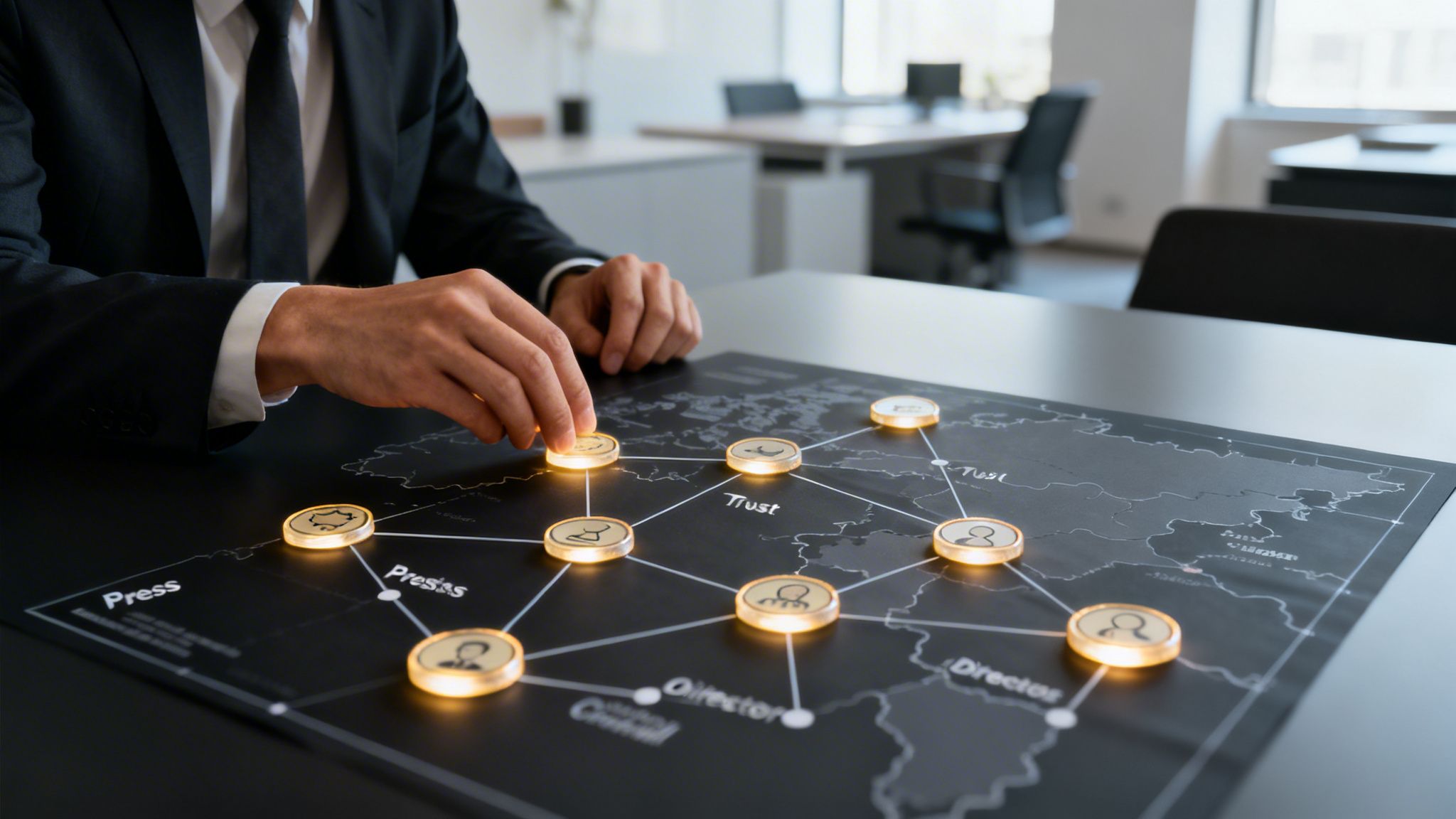 Un empresario en traje mueve fichas luminosas en un tablero que representa una red estratégica.