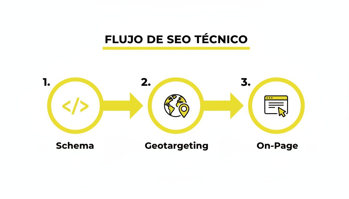 Diagrama que muestra los tres pasos clave del flujo de SEO técnico: Schema, Geotargeting y On-Page.