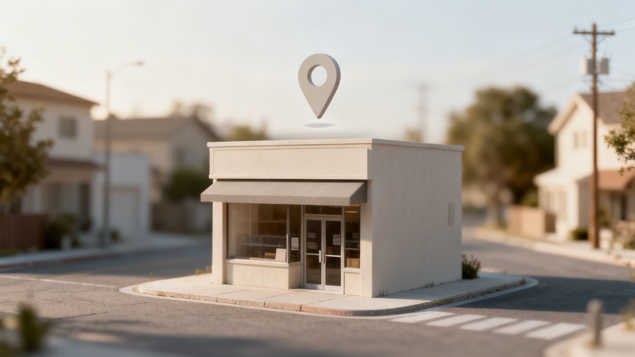 Una tienda miniatura en una esquina con un marcador de ubicación flotando encima, en un entorno residencial.
