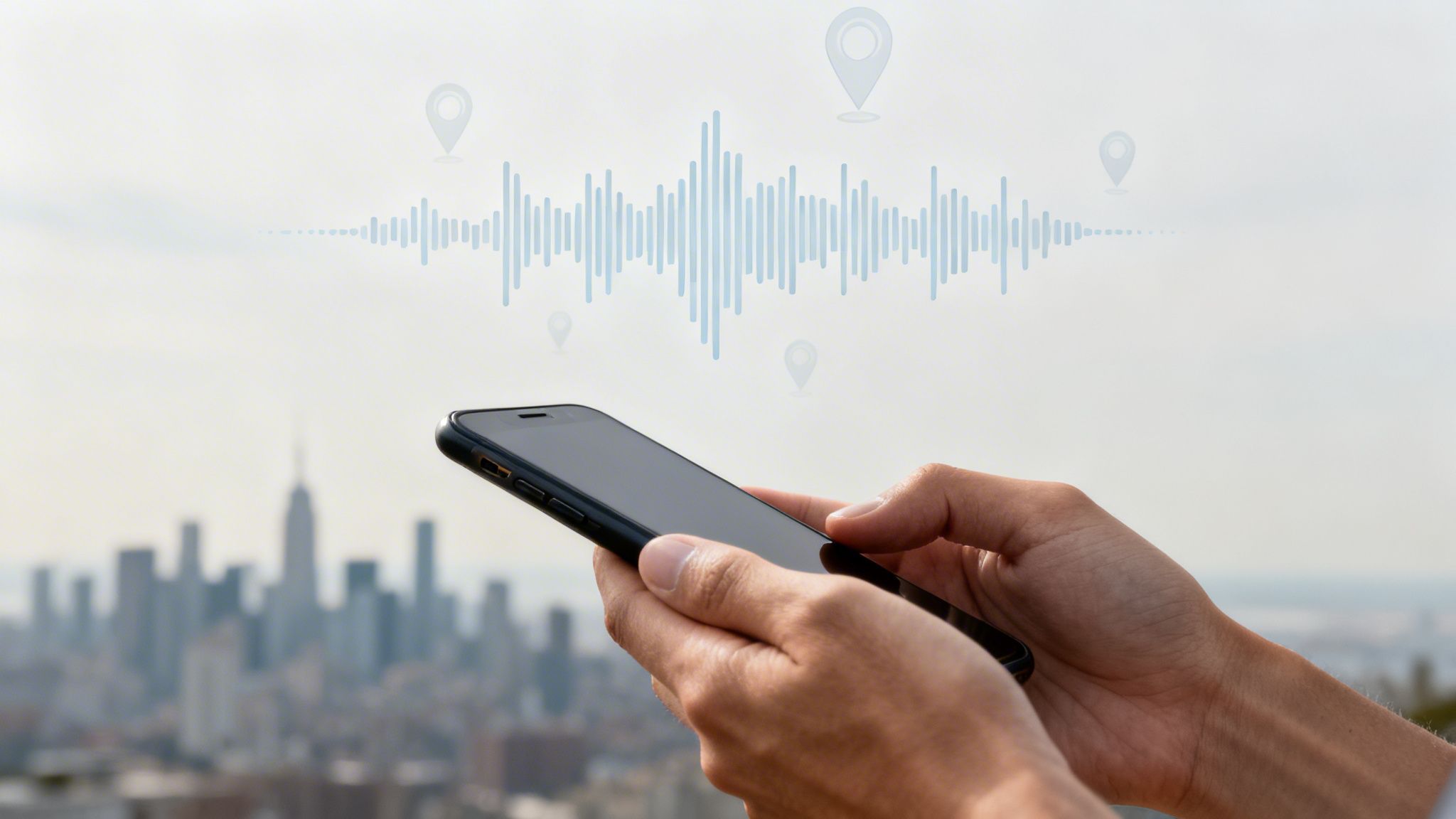 Manos sosteniendo un smartphone con una onda de sonido y marcadores de ubicación sobre un paisaje urbano.
