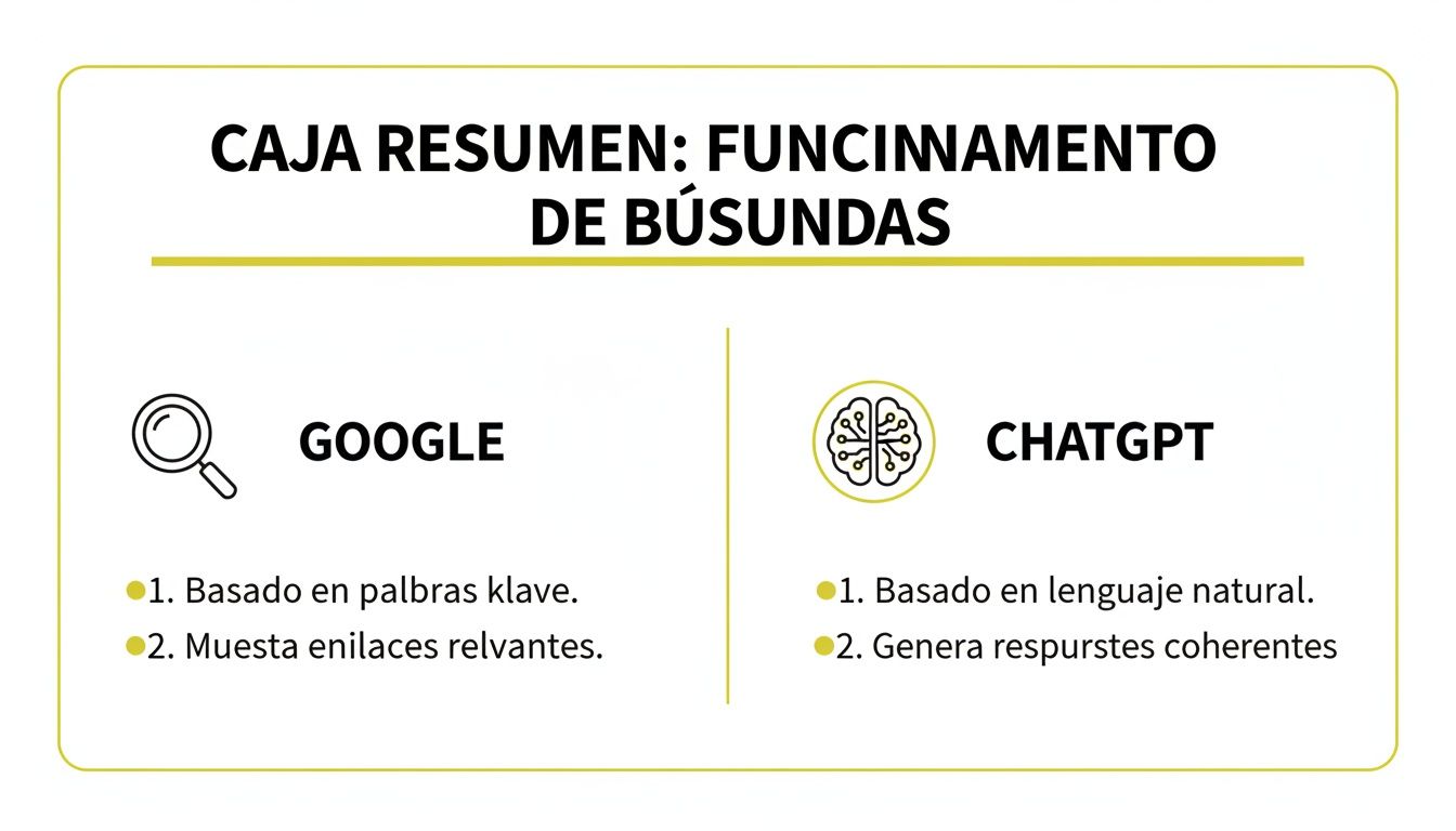 Infografía comparativa que muestra el funcionamiento de Google y ChatGPT para búsquedas.