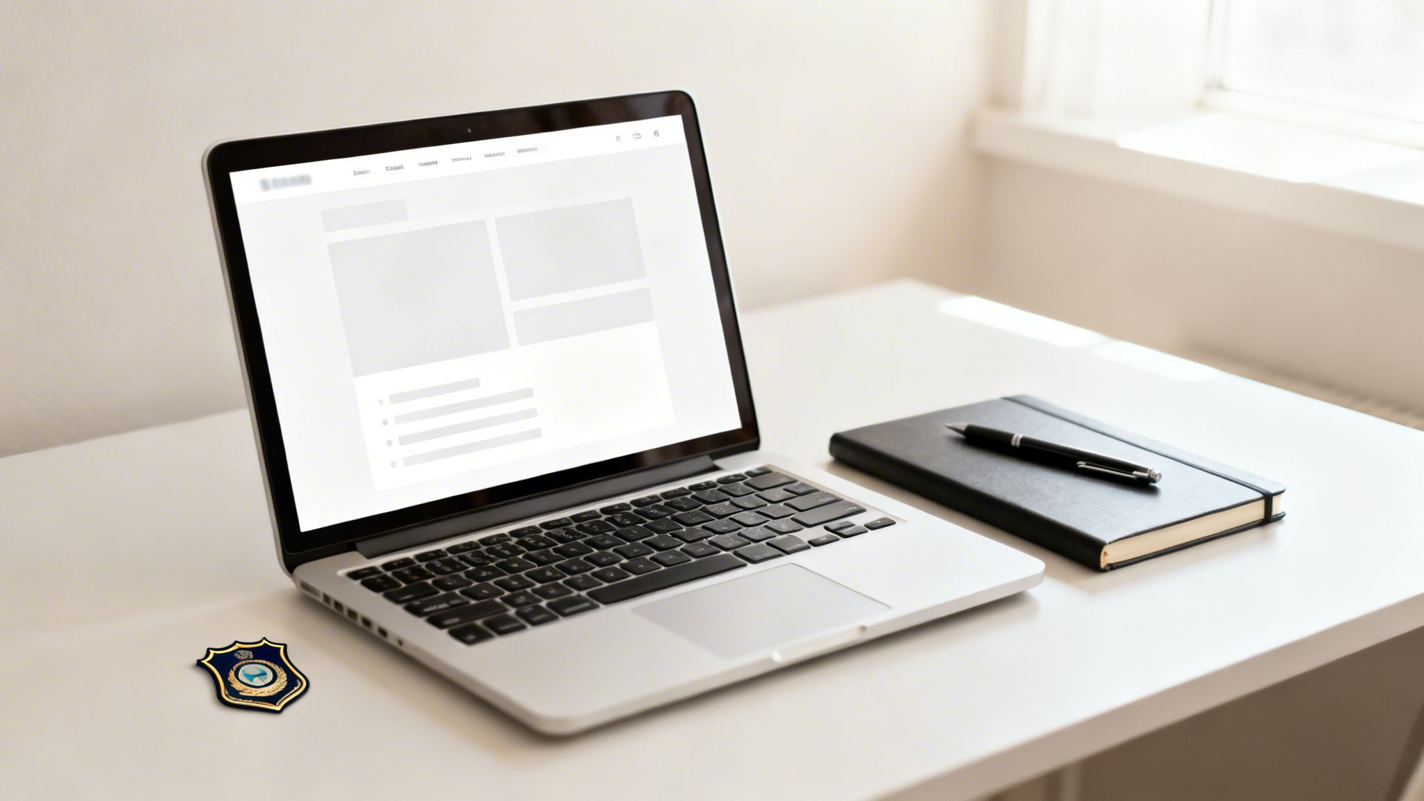 Portátil abierto con pantalla en blanco en un escritorio blanco, junto a un cuaderno negro y una insignia.