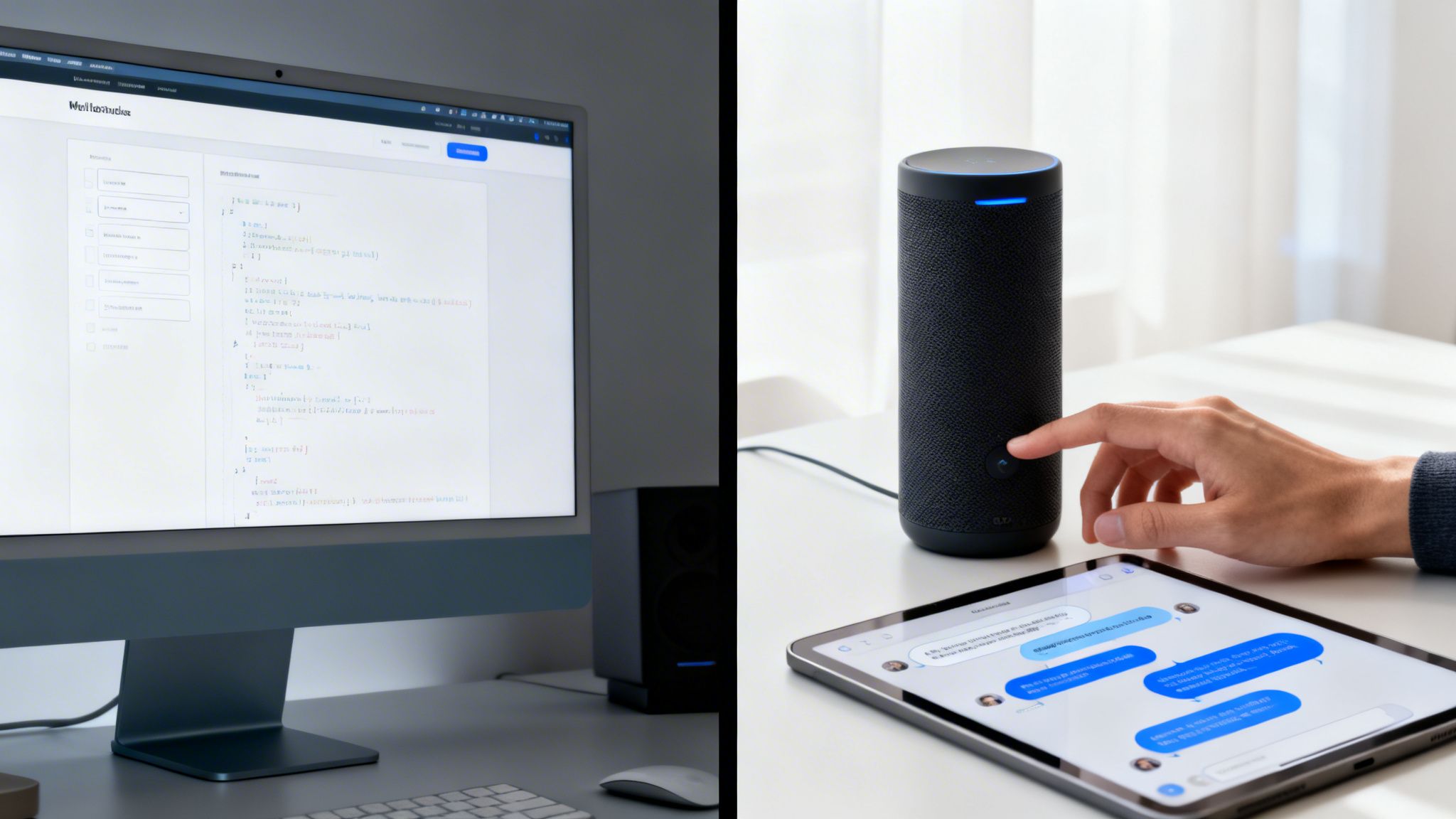 Una persona interactúa con un altavoz inteligente junto a una tableta y una computadora con código.