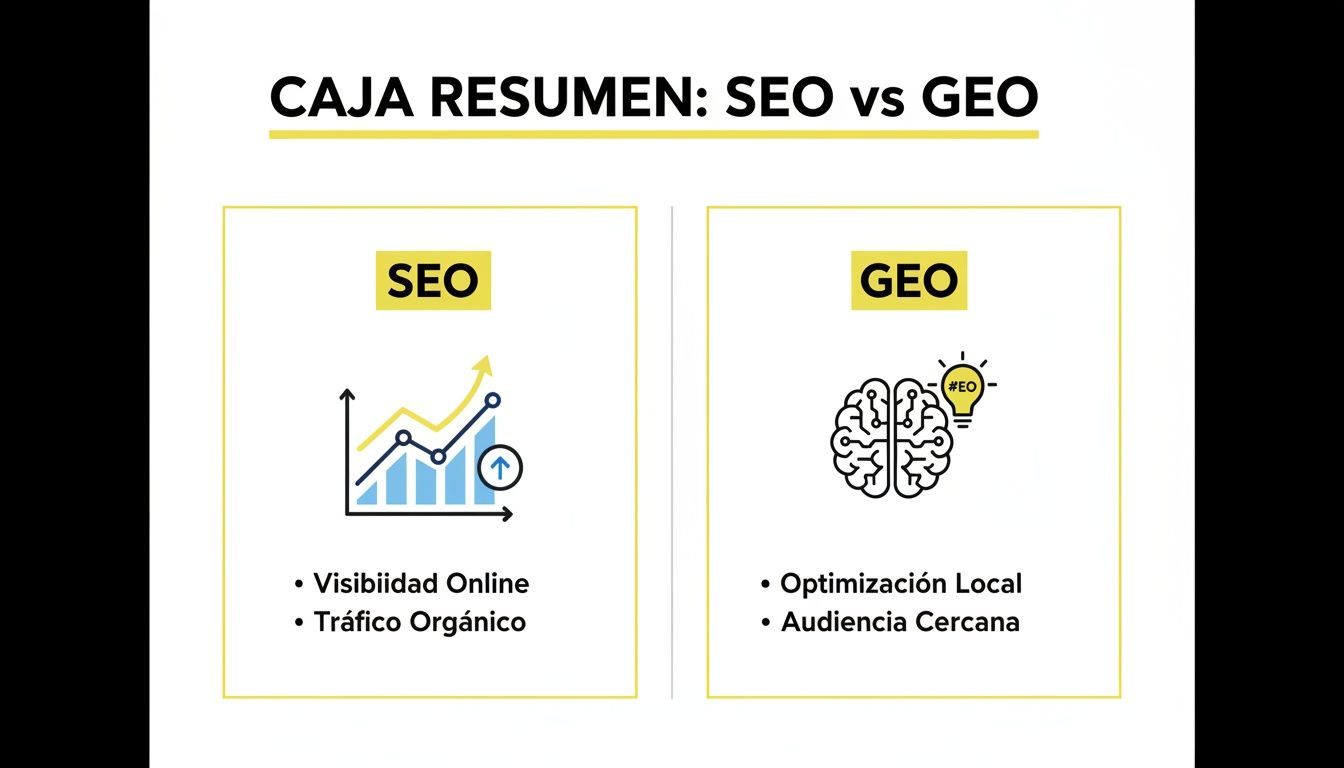 Cuadro comparativo que explica las diferencias entre SEO y GEO, con sus características clave.