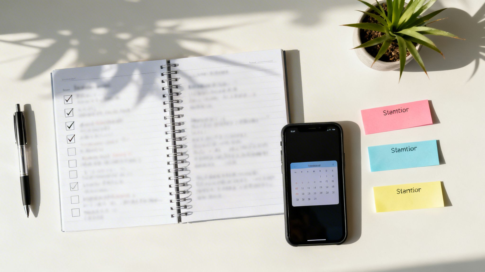 Vista superior de escritorio con cuaderno, bolígrafo, teléfono con calendario, planta y notas adhesivas. Organización de tareas y planificación.