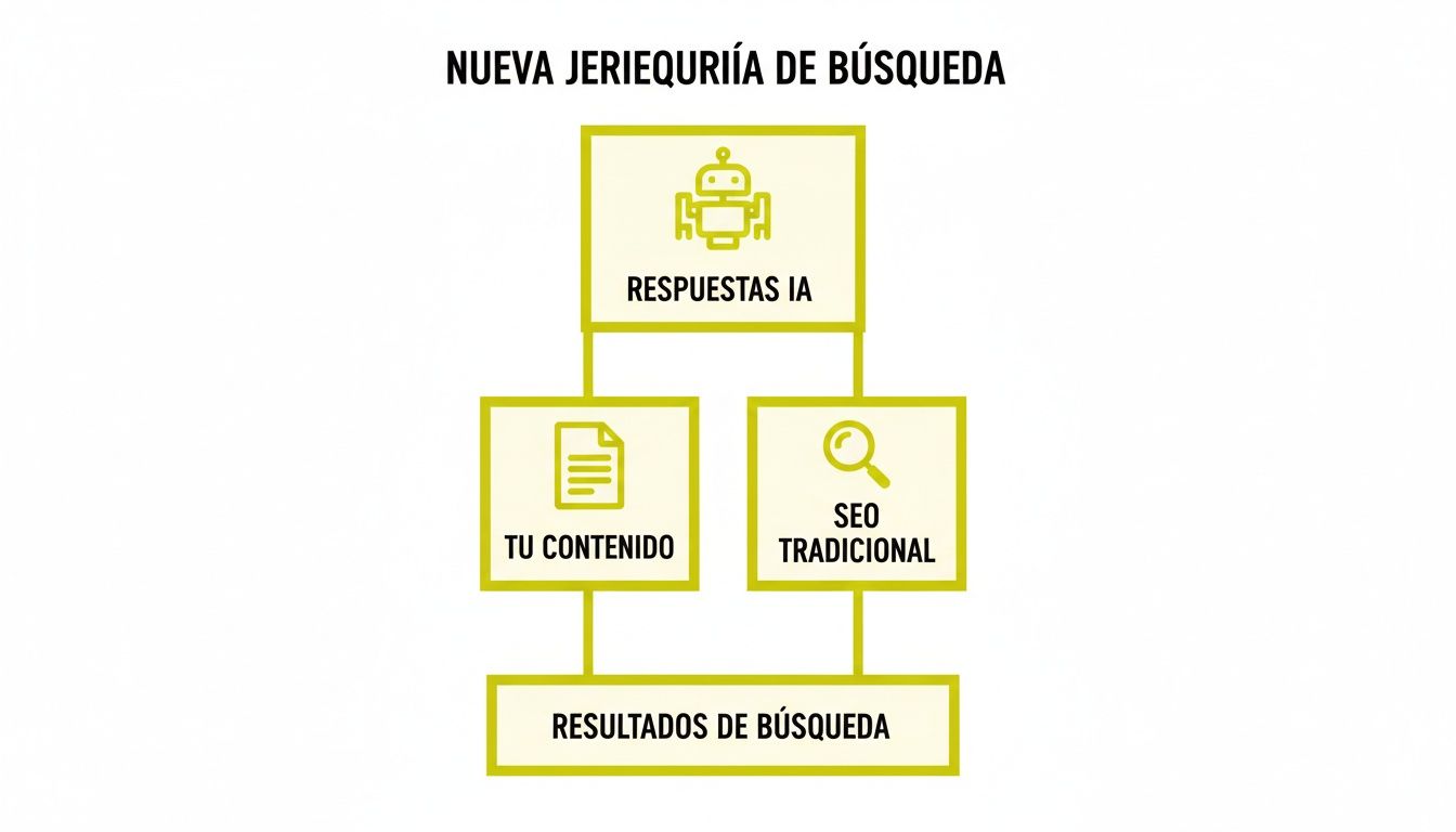 Diagrama de flujo de la nueva jerarquía de búsqueda con IA, contenido propio, SEO tradicional y resultados.