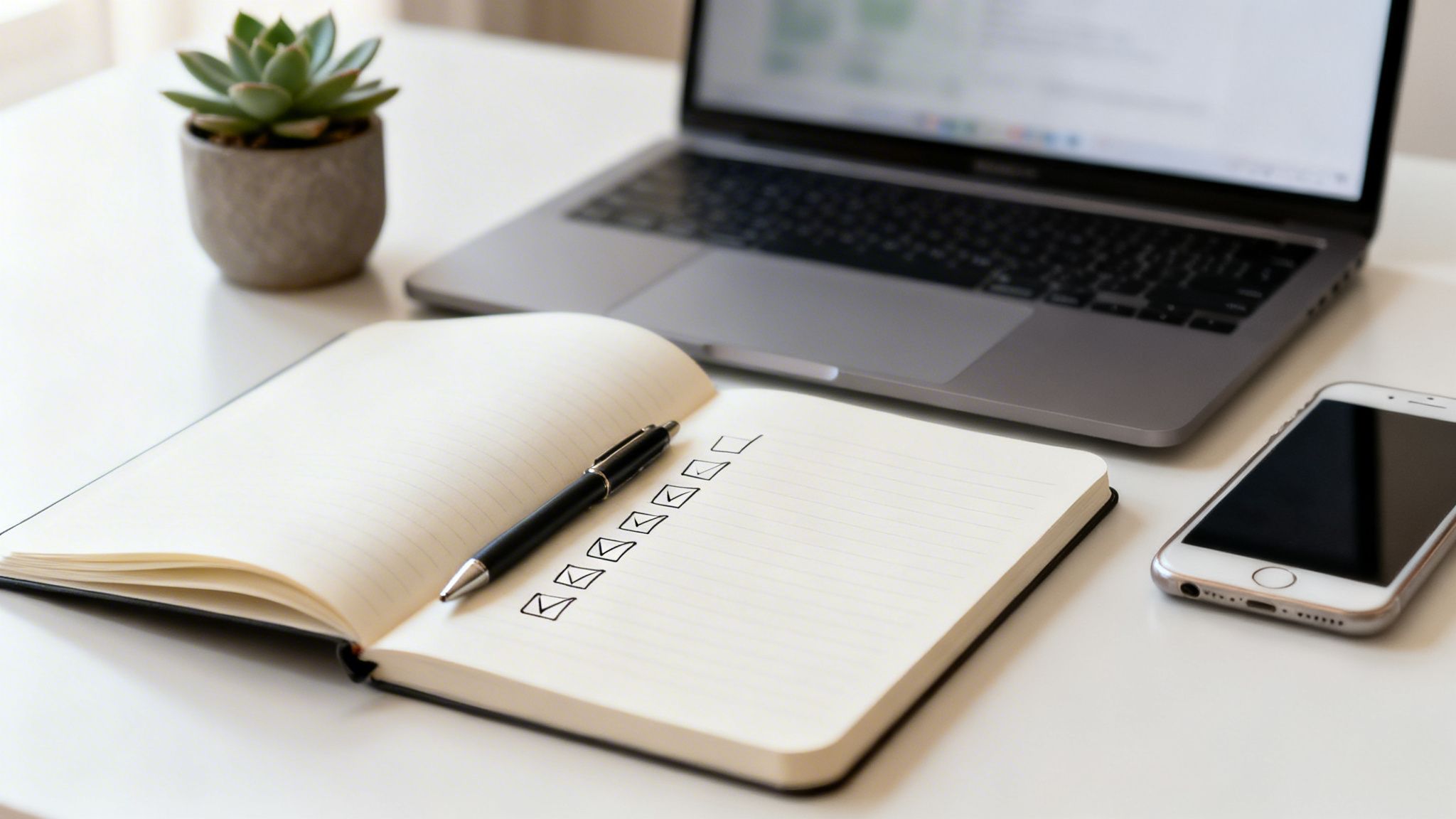 Un escritorio ordenado con un portátil, cuaderno con lista de tareas, bolígrafo, smartphone y suculenta.