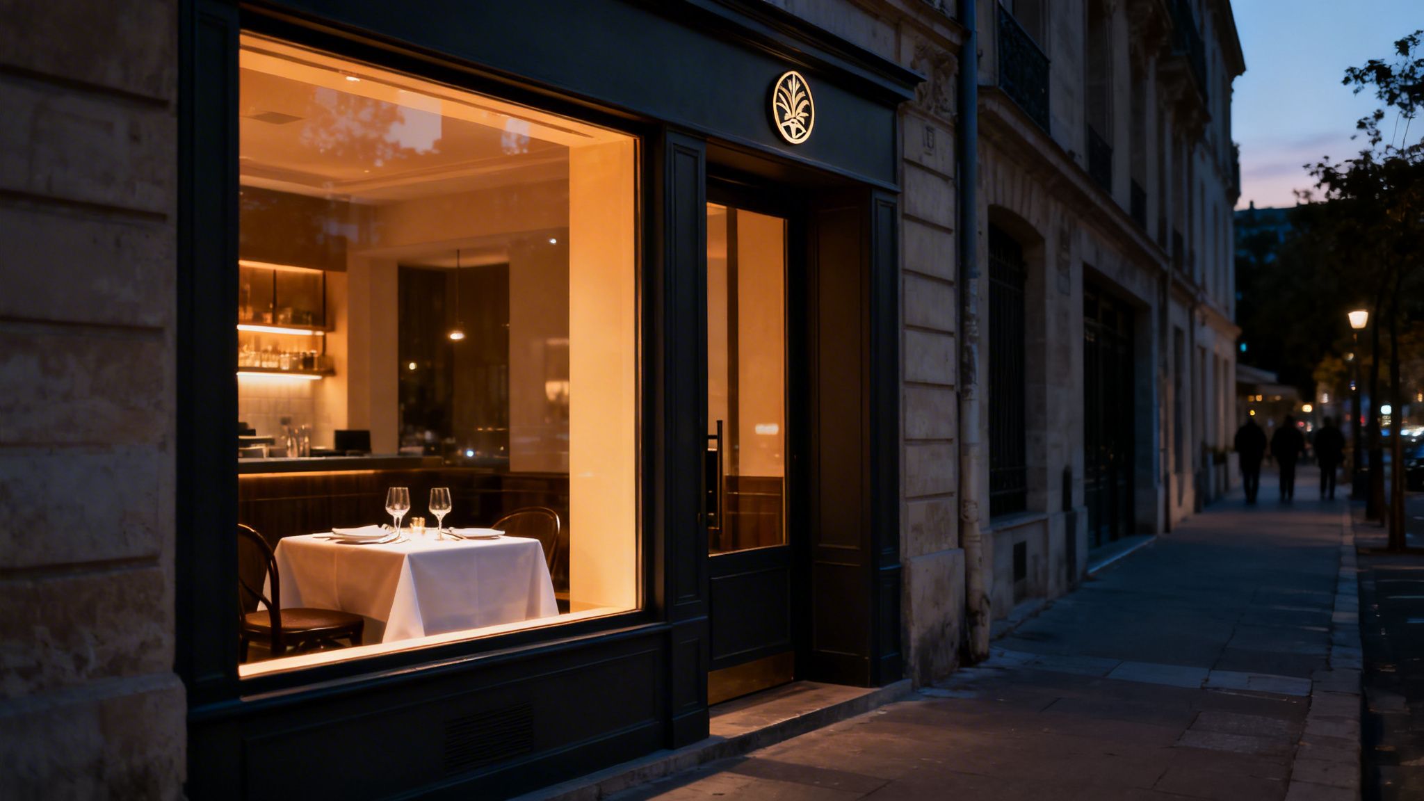Fachada de restaurante por la noche, mesa puesta con copas, luz cálida interior, calle con peatones y farola.