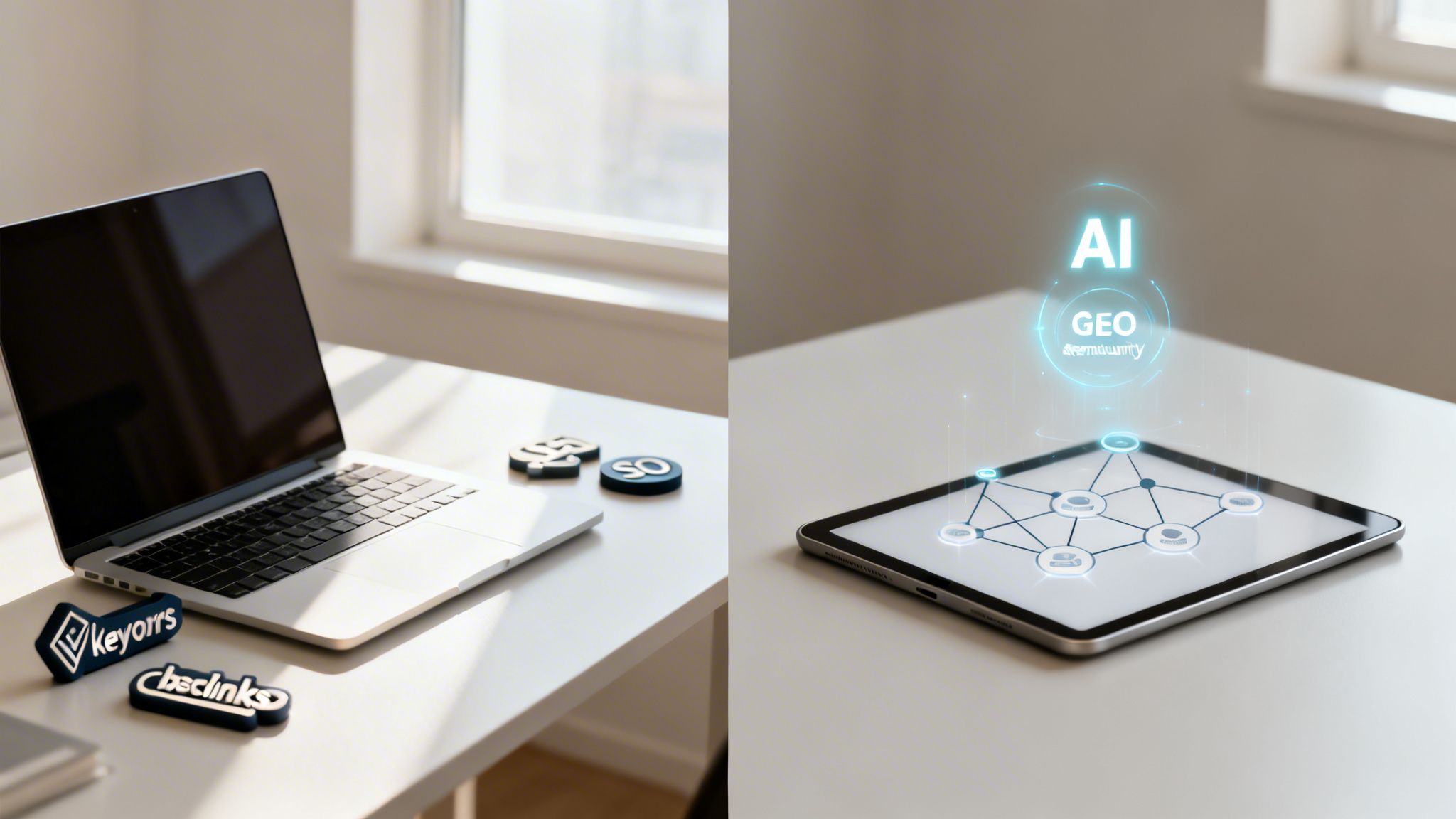 Espacio de trabajo moderno con laptop, tableta y elementos gráficos de inteligencia artificial y geolocalización.
