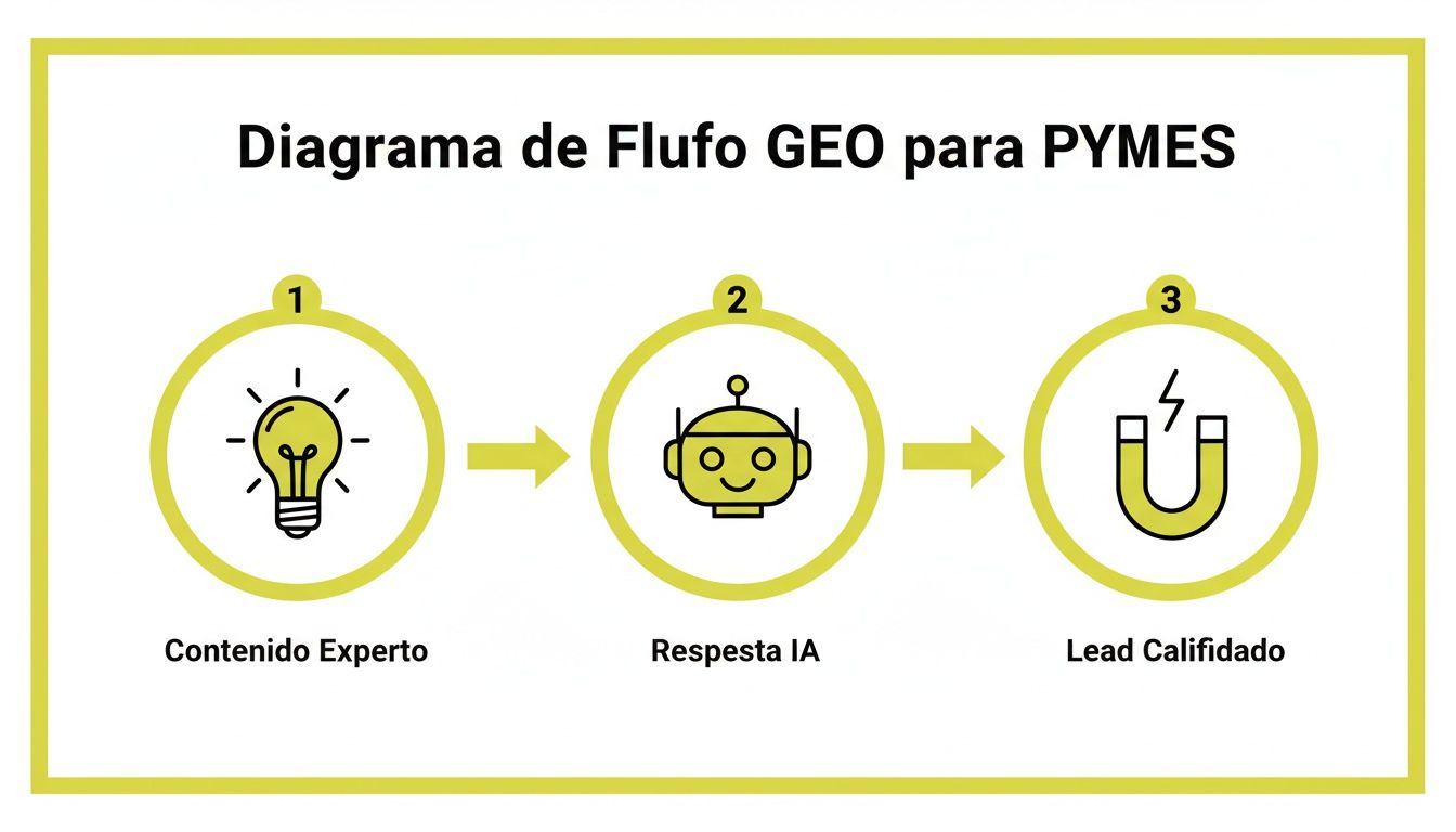 Diagrama de flujo GEO para PYMES con Contenido Experto, Respuesta IA y Lead Calificado.