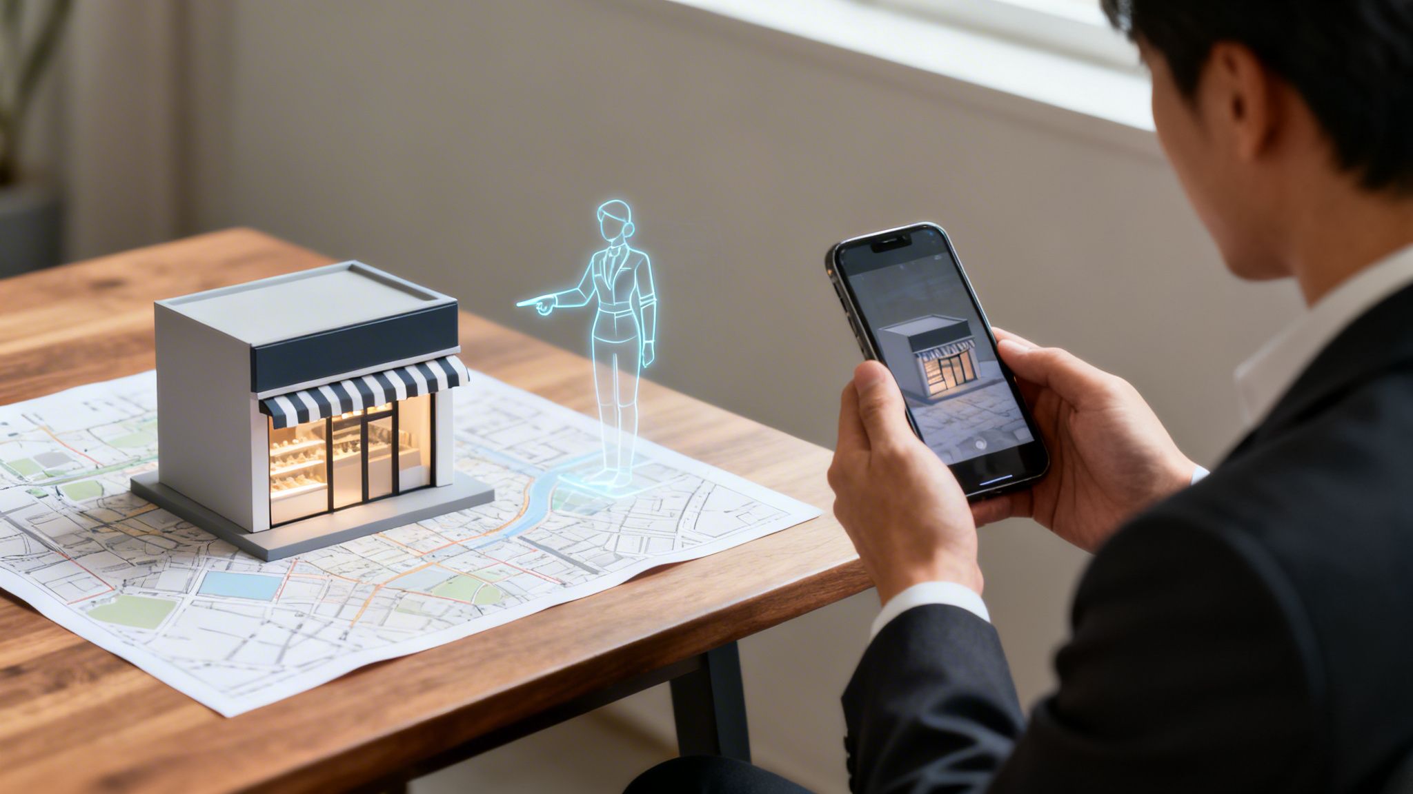 Hombre usando smartphone con realidad aumentada de tienda y asistente virtual en un mapa.