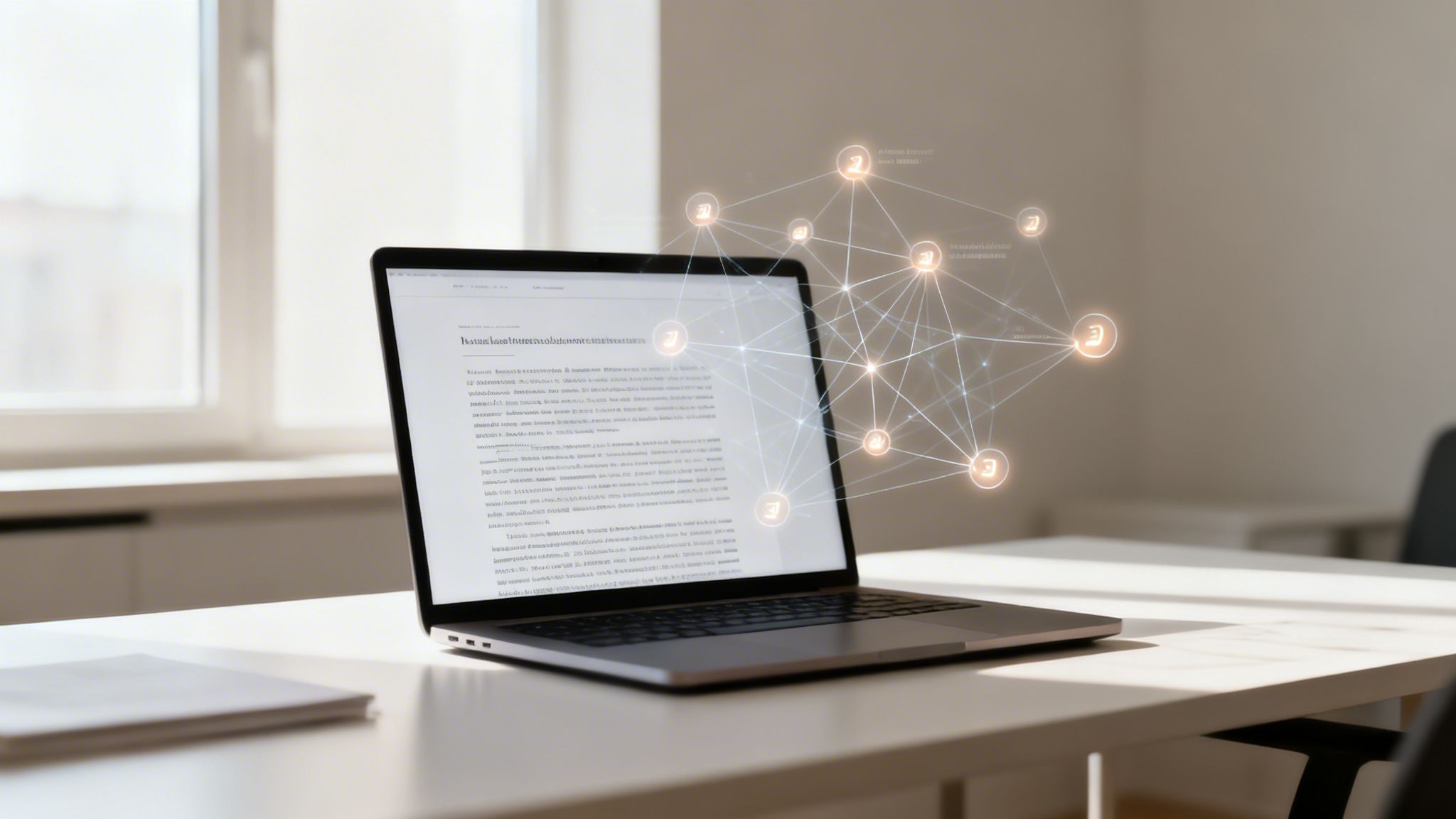 Un portátil en un escritorio blanco con una red digital de nodos brillantes flotando sobre la pantalla, en un entorno de oficina.