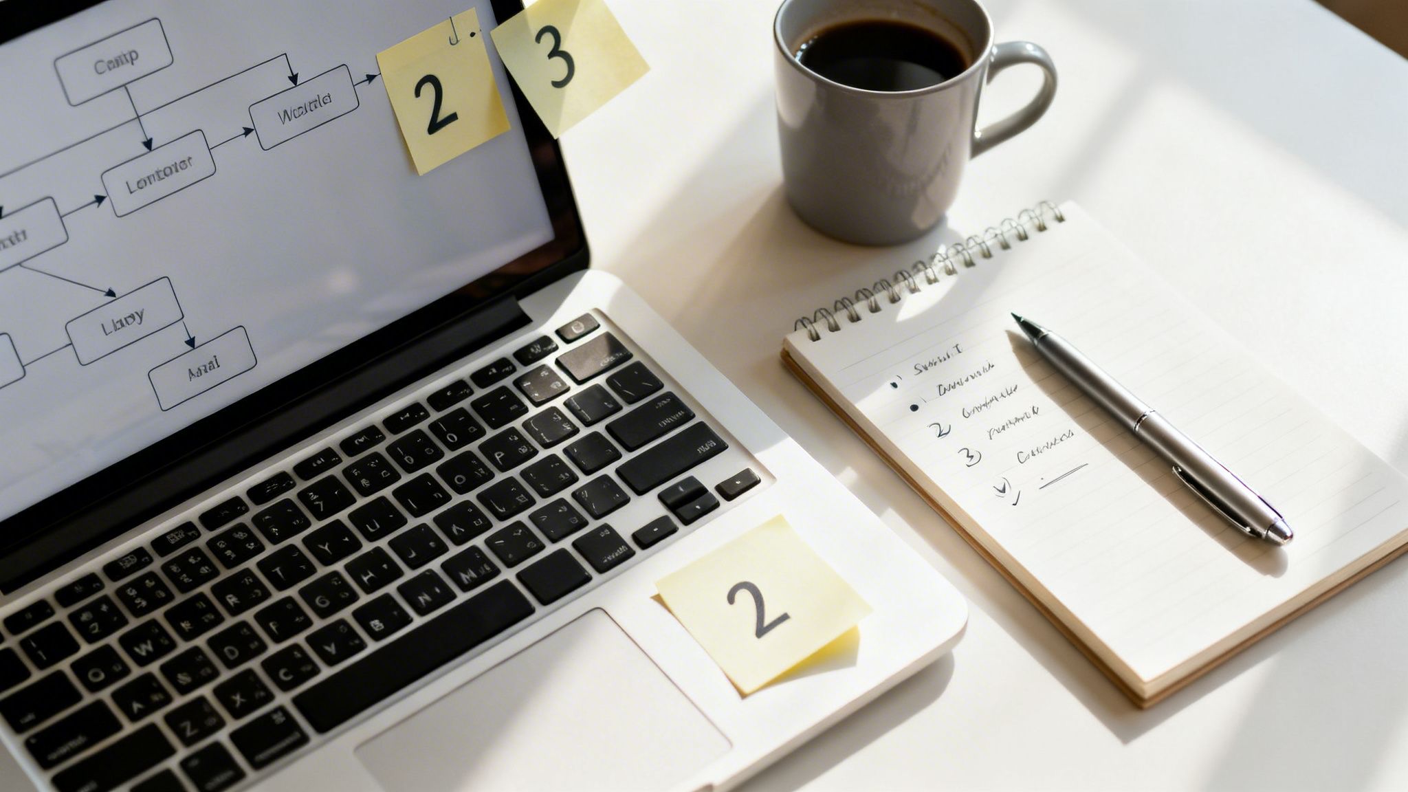 Vista superior de un escritorio con portátil, café, cuaderno y bolígrafo, y notas adhesivas, indicando un entorno de trabajo organizado.